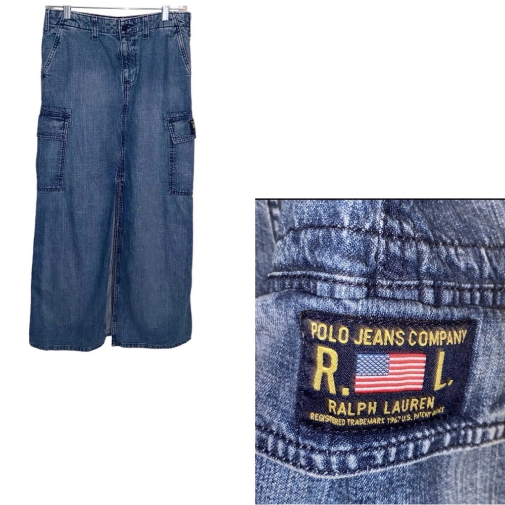 Vintage Polo Ralph Lauren Cargo Skirt Womens Size 6 Denim Blue Jean Y2K 90s
